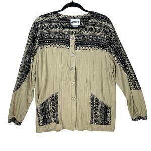 Vintage Ariel Button Top Shirt Womens Large Artsy Art Block Print Tribal Cotton